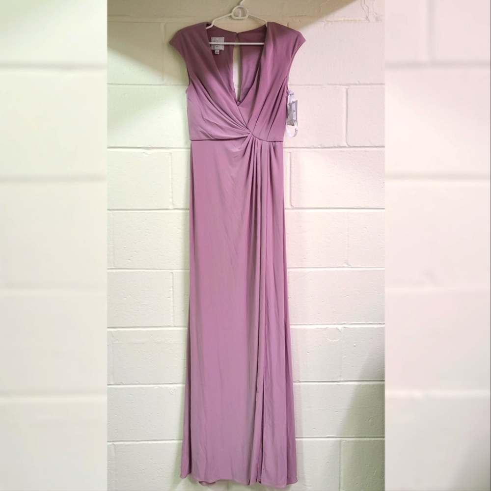 David's Bridal gathered jersey v-neck dress with keyhole back